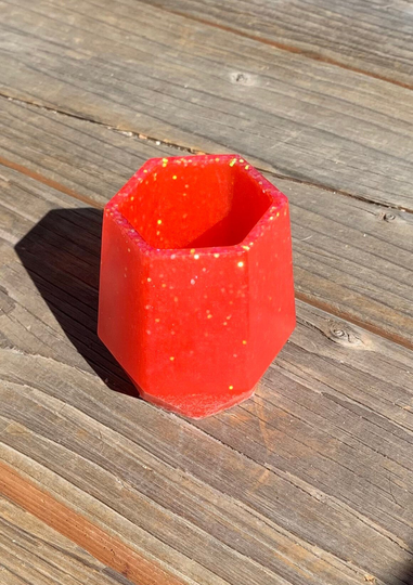 Coral Pink/Red Resin Glitter Geometric Makeup Brush, Pen, Crochet Hook Holder | Watermelon Desk Caddy, Mini Unique Planter, Small Container