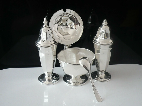 Silver Condiment Set, Sterling, Emile Viner, English, Mustard Pot, Spoon, Salt, Pepper, Shakers, Hallmarked Sheffield 1966, Ref568G