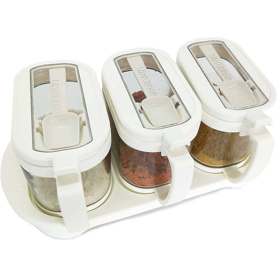 Transparent Glass Condiment Jar Seasoning Box Spice Jar 3pcs/set With Tray