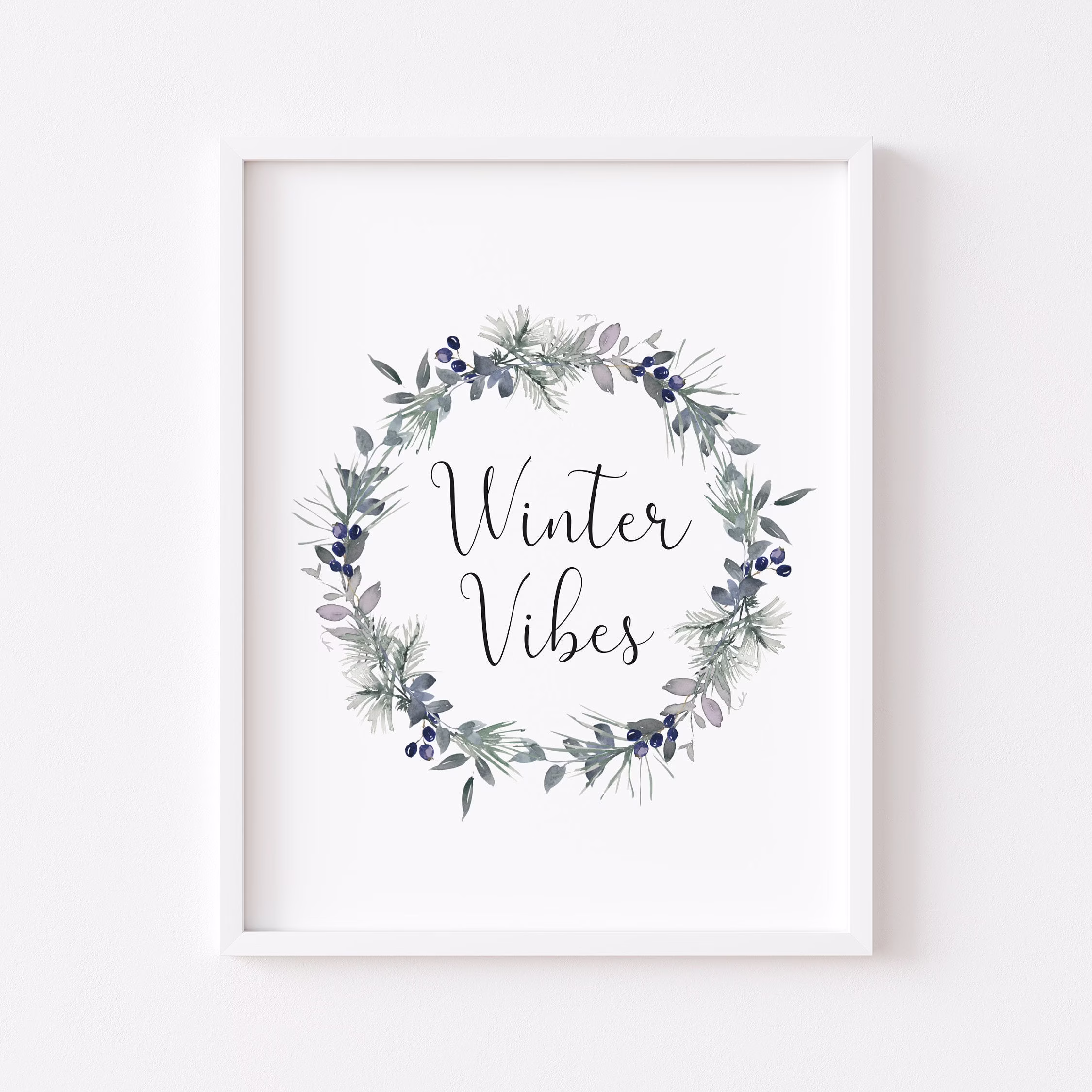 Navy & Grey Winter Vibes Wreath Style Unframed Print|Christmas Prints|Christmas Decor|Seasonal Prints| Gifts Ideas|xmas|Art