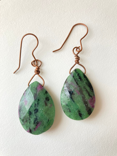 Organic Ruby in Zoisite Teardrop Earrings With Copper, Elegant Green Red & Pink & Black Hornblende Inclusions
