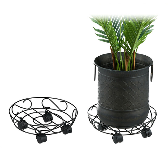 Relaxdays - Plant Caddy, Set of 2, Round, Indoors & Outdoors, Brakes, Trolley with Wheels, Pots max. 28 cm ø, Metal, Black