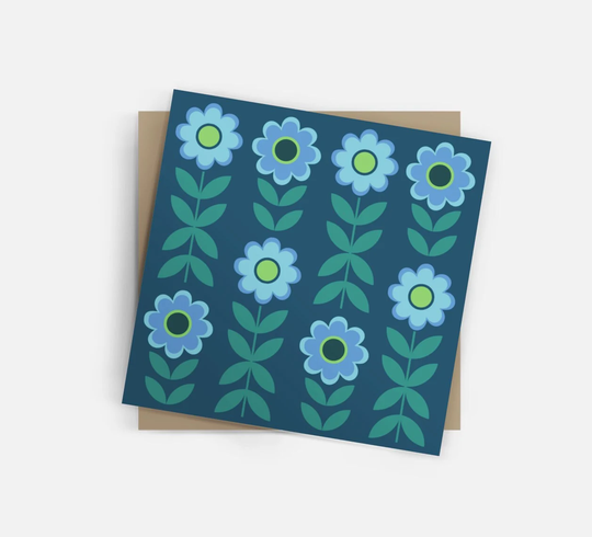Floral + Leaf Mid Century Modern Style Greeting Card. Abstract Geometric Teal Flower Power, 60S 70S Retro 6x6