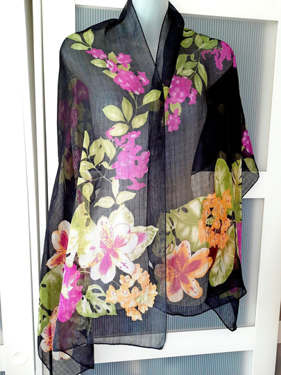 Black Shawl With Multicolored Floral Design Exotic Flowers Pink Yellow Orange Hibiscus Orchids