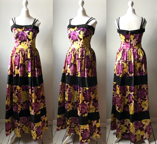 Vintage 1950S Black & Purple Tropical Floral Print Taffeta Acetate & Lace Sleeveless Full Skirted Evening Dress Ball Gown. Xxs Uk4