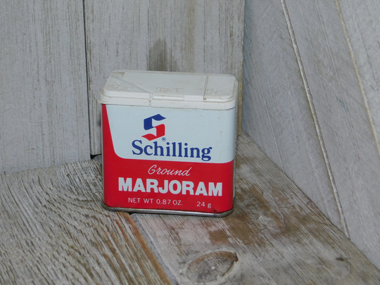 Vintage Schillings Ground Marjoram Tin Can Seasoning, For Display Only, Vtg Spice Can, Kitchen, Daysgonebytreasures D