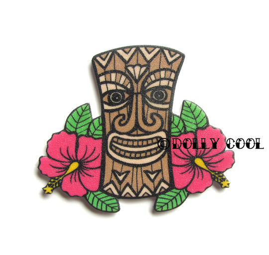Tiki Brooch With Hibiscus Flowers Rockabilly By Dolly Cool Pink