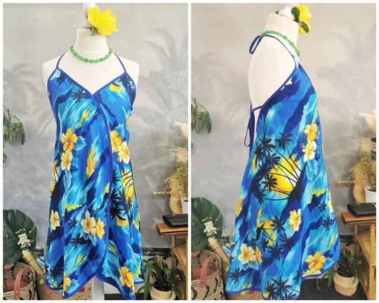 Vintage Hawaiian Wrap Dress, Vintage Blue Strappy Dress, Summer Beach Dress, Hawaiian Print Dress, Hibiscus Flower, Palm Tree