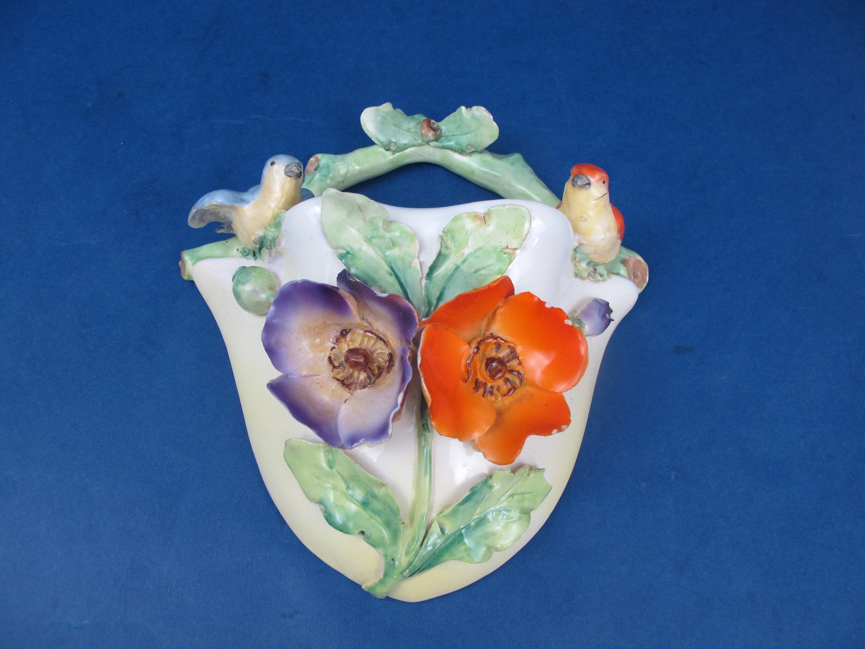 Vintage Ceramic Bird & Flowers Wall Pocket. Orange Purple Poppies Two Small Birds. So Cute