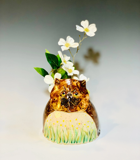 Cat Vase For Succulents Or Flowers, Hand Painted Ceramic Pottery in Speckled White Clay