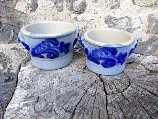 Set Of 2 P. Rustic Vintage Stoneware Pots, Containers, Hand Painted Salt Glaze Farmhouse Style; Heavy Material