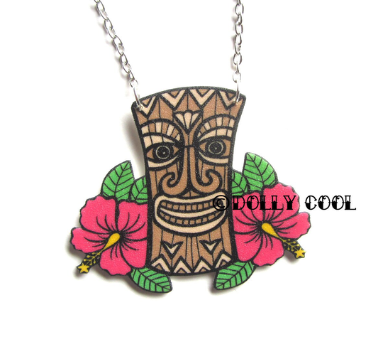 Tiki Necklace With Hibiscus Flowers Rockabilly By Dolly Cool Pink