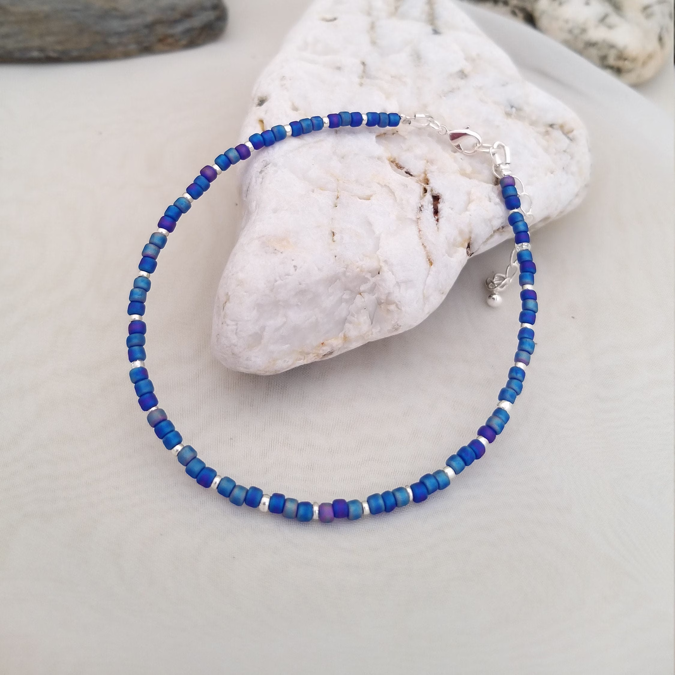 Blue Seed Bead Anklet - Handmade Jewellery Surf Beach Hand Made in Cornwall Cornish
