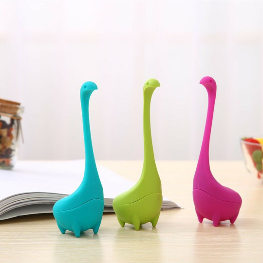 Dinosaur Loose Leaf Teapot with Long Handle Neck and Cute Sphere Lake Monster Silicone Tea Strainer (3 Pieces) - Muff