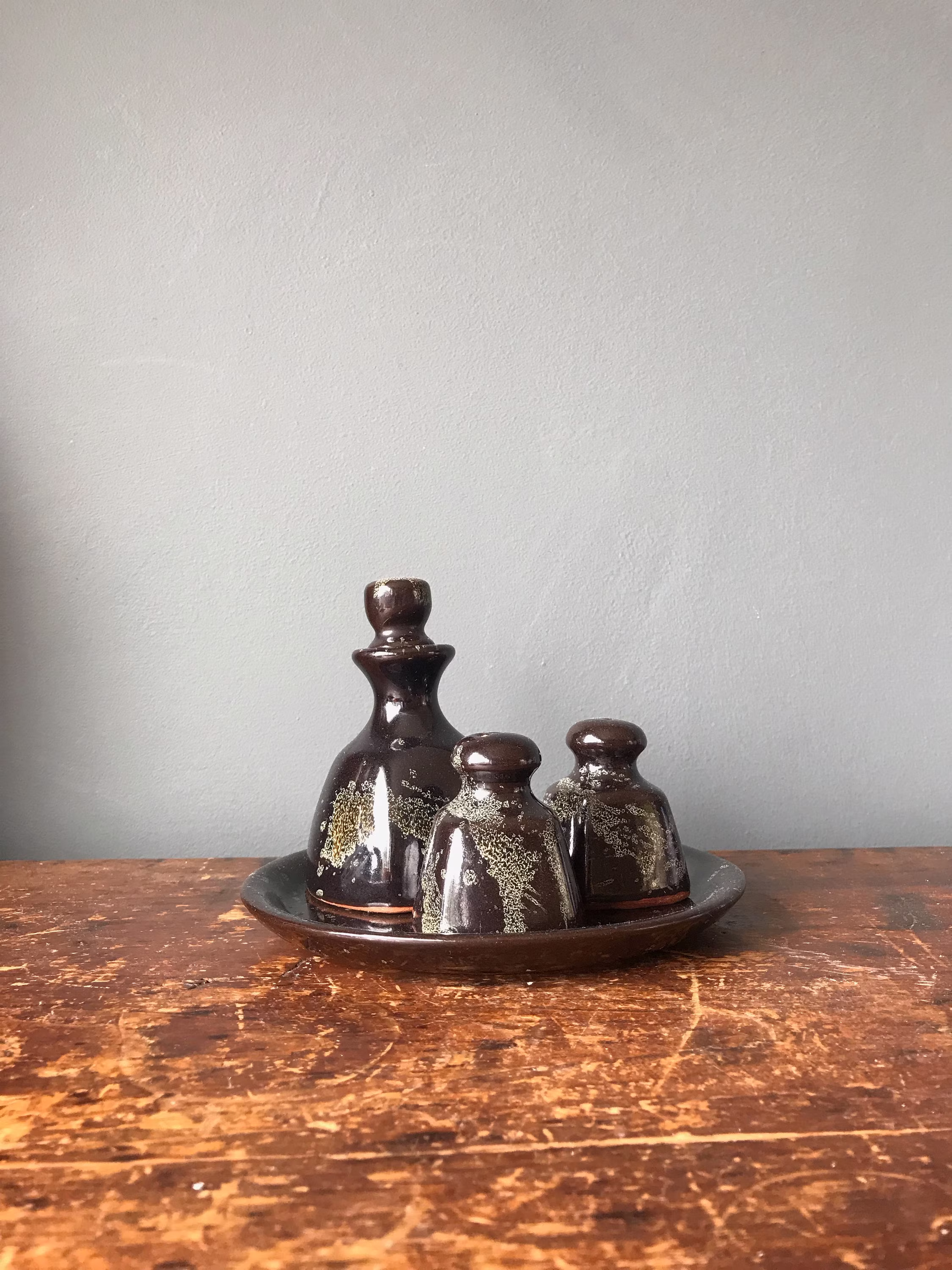 Guernsey Pottery Condiment Plate Salt Pepper Oil Salad Dressing Bottle On Organic Glaze