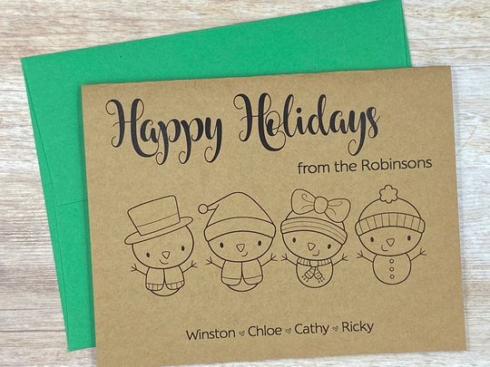 Personalized Christmas Card | Family Holiday Snow People Characters Set Of 10 A2 Size