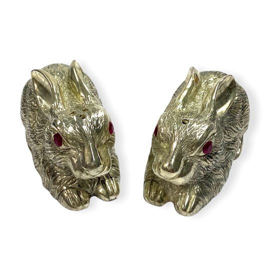 Novelty Rabbit Pair With Ruby Stone Salt & Pepper Shaker Pots 925 Sterling Silver Plated