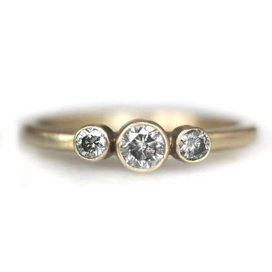 Salt & Pepper Diamond Three Stone Ring, 14K Solid Yellow Gold Engagement Alternative Ring