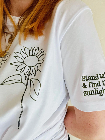 Organic Sunflower T-Shirt - Embroidered Trio Of Sunflowers With Sleeve Detail Hand Drawn Designs Sustainable Clothing Soft Unique Top