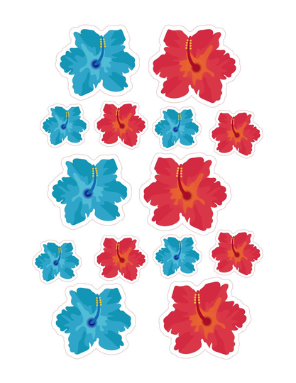 Hibiscus Stickers Set Of 14 Stickers, Luau Decor, Package Seals, Floral Sticker, Hawaiian Theme