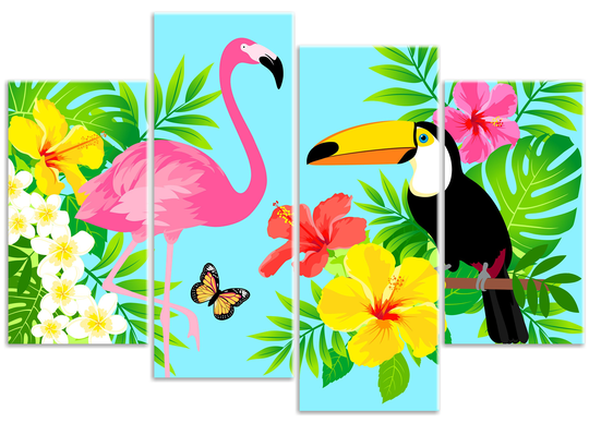 Tropical Flamingo Toucan Bird & Hibiscus Flower Picture - Island 4 Panel Canvas Wall Art Prints Framed & Ready To Hang