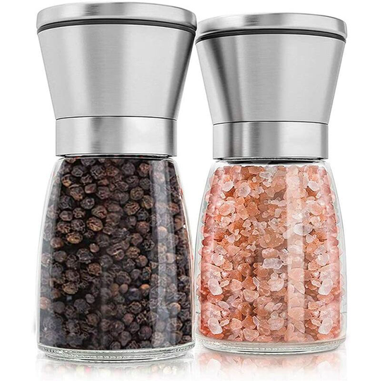 Aougo - Manual Pepper Mill and Salt Mill, Set of 2 Spice Mills Adjustable Grain Size Pepper Mill and Salt Shaker Brushed Steel Salt and Pepper