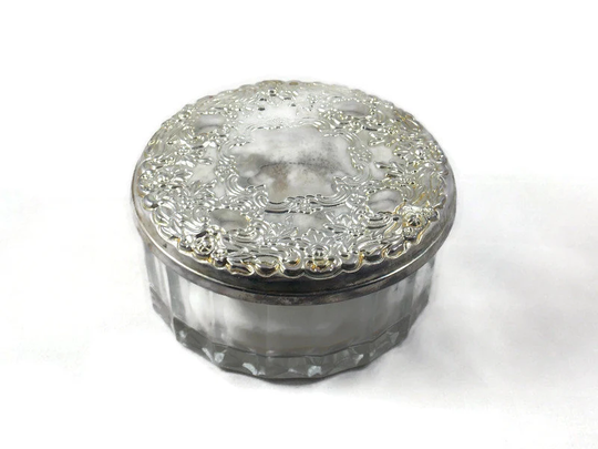 Art Deco Silver Plated Glass Powder Jar With Mirror & Puff, Decor Jar, Vanity Decor, Lid