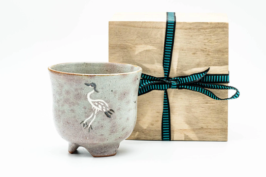Japanese Matcha Bowl - Standing Crane Grey Pink Gohonte Glazed Winter Chawan With Tomobako Wooden Box 450Ml