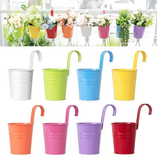 8 Pcs Hanging Flower Pots Metal Iron Bucket Planter for Railing Fence Balcony Garden Home Decoration Flower Holders with Detachable Hooks, color, 4