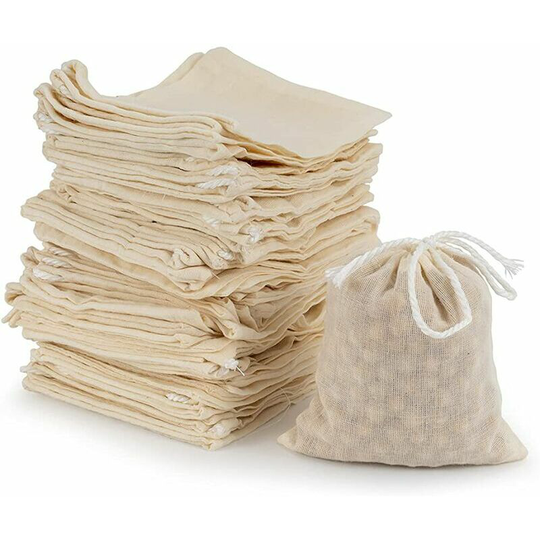 50 Pieces Cotton Muslin Bags, Reusable Tea Filter Bags with Drawstring for Slag Filtration, Store Spices, Medicinal Liquor Steeping (8 x 10cm)