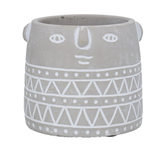 Grey Head Planter, Stone Effect Face Unique Retro Geometric Pattern Cement House Plant Pot Cover, Concrete Indoor Succulent