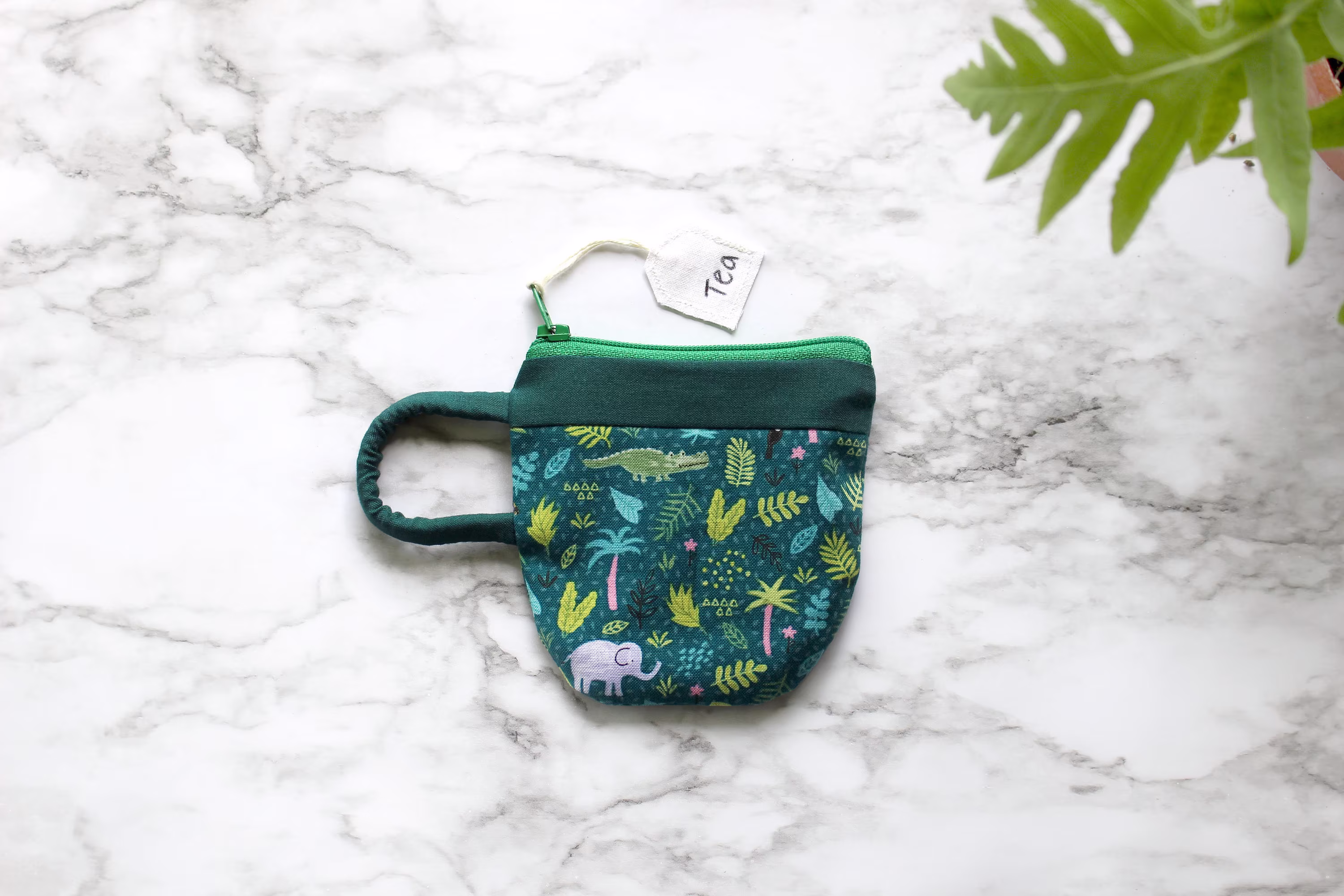 Teacup Pouch Jungle Animals, Leaf Blue Green, Tea, Jewelry, Zip Pouch, Coin Purse, Teabag Holder, Gift, Earbud Gift For Her, Mom