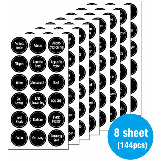 144 Chalkboard Kitchen Spice Jar Labels, Round Preprinted Seasoning Label Stickers + Numbers for Kitchen Organization and Storage (Water Resistant,