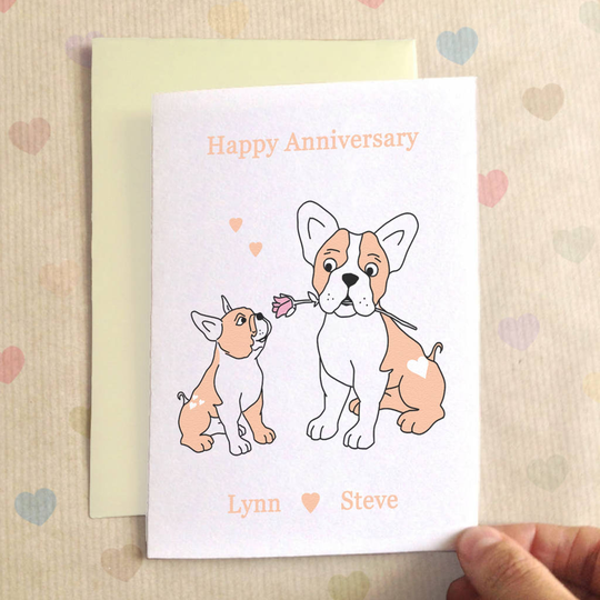 Personalised Bulldogs Anniversary Card, Powder Blue/Blue/Pink