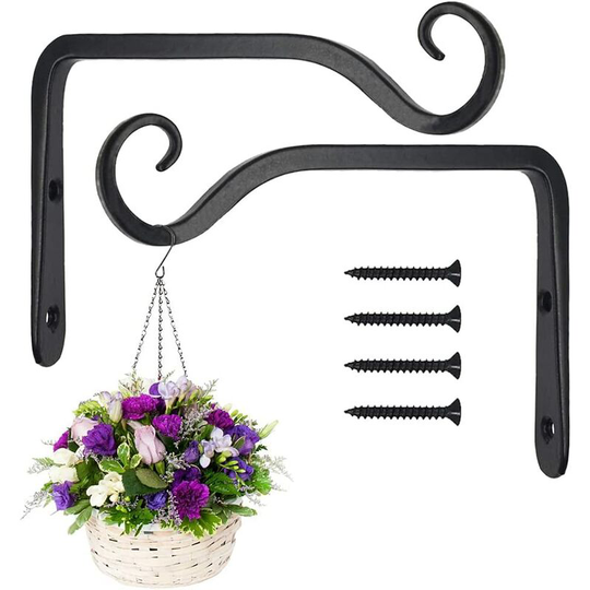 2 Pack Black Wall Hanging Hooks, Metal Wrought Iron Hanging Basket Brackets, Hanging Basket Holder for Bird Feeders/Plants/Lanterns/Wind Chimes (With