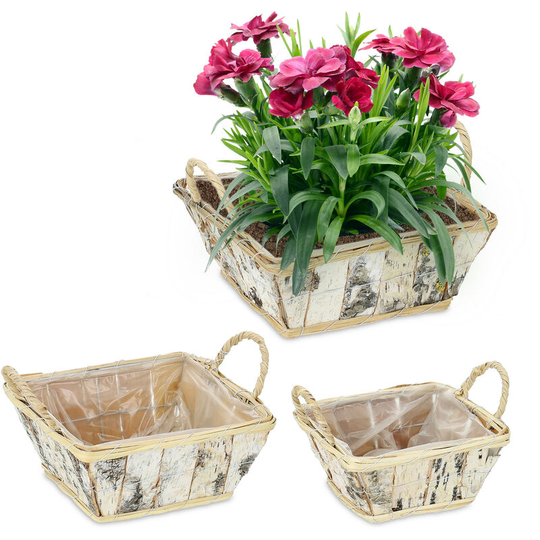 Relaxdays - 3x Square Flowerpots, Birch Bark, Flowers & Herbs, Plant Baskets with Foil, 3 Sizes, Wooden Planter, Natural
