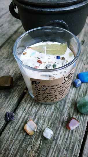 Wiccan Pagan Handmade Protection Spell Candle White Sage Crystals Bay Leaf Rose Geranium Vanilla Rosemary Basil Quartz Witch Made