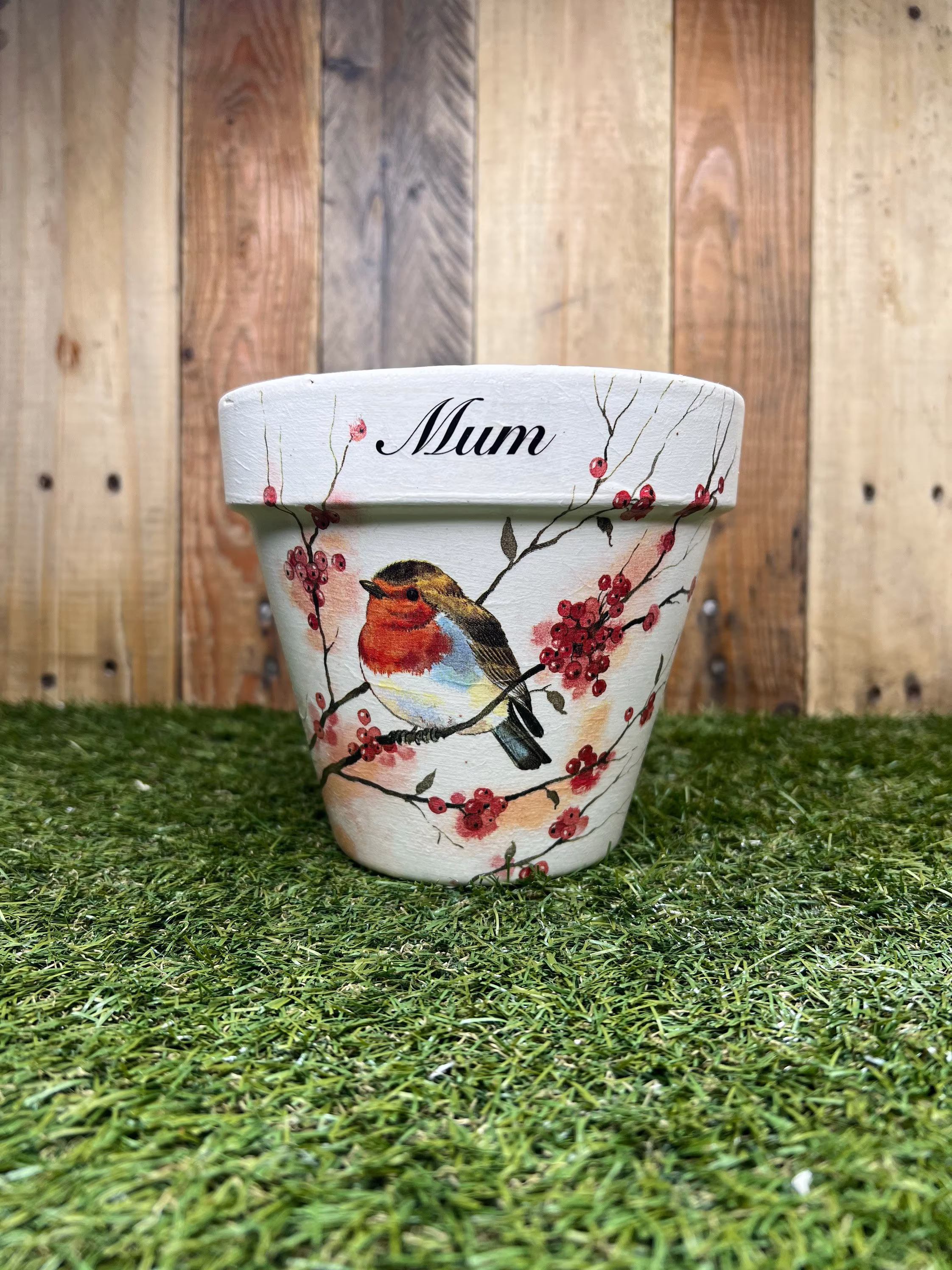 Mum Robin Plant Pot, Dad Decoupaged, Mum Gift, Grandma Personalised Robin Lover Gift