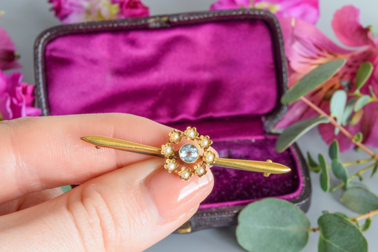 Antique Victorian Aquamarine & Seed Pearl Halo Target Flower Bar Brooch 15 Carat Gold