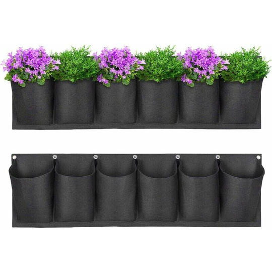 Vertical Planting Bag, 2PCS Garden Plant Bag Wall Hanging Planter Balcony Hanging Pot Indoor Outdoor Flower 6 Pockets (Black)