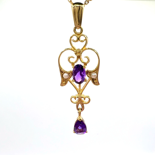 9Ct Gold Vintage Amethyst & Seed Pearl Pendant With 46 cm Fine Chain