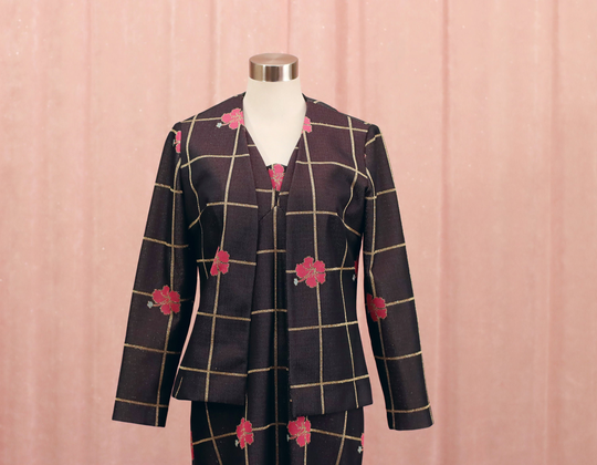 70S Vintage Dress & Matching Coat With Hibiscus Glitter Detail