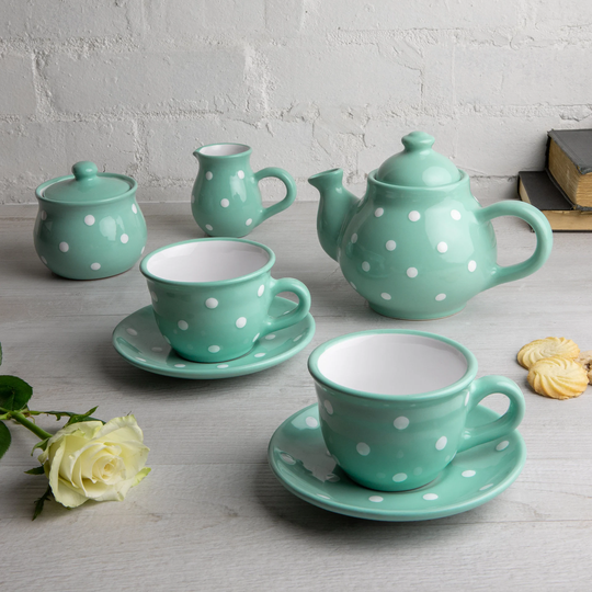 Teal Blue Ceramic Tea Set, Handmade Teapot Set For Two, Teapot, Milk Jug, Sugar Bowl, 2 Teacups & Saucers, White Polka Dot Pottery