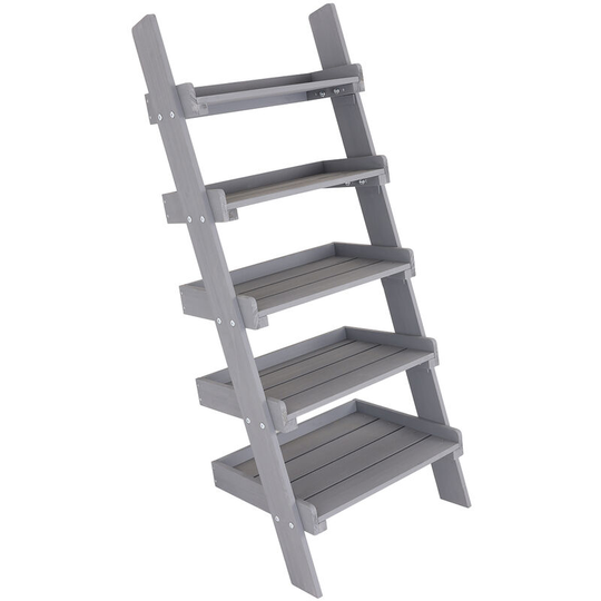 Charles Bentley - fsc Slim Wooden Ladder Planter - Grey Tall 5 Shelves - Grey