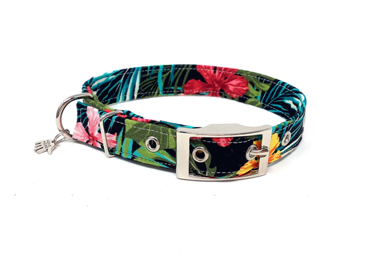 Tropical Leaf With Hibiscus Flowers Traditional Eyelet Dog Collar