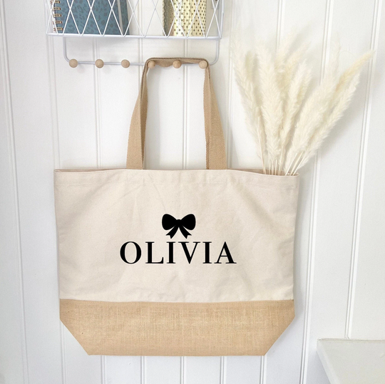 Personalised Xl Organic Jute Tote Bag, Bow Weekend Customised Shopper School Uni Birthday Gifts, Gifts For Her, Beach Bag