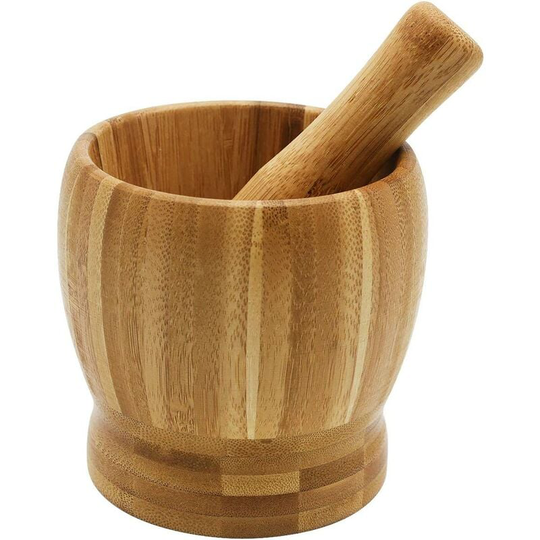 Bamboo Mortar and Pestle, Garlic Press Ginger Crusher Spices Grinding Set Garlic Mincer Herb Spice Masher Grinder Chopper Kitchen Tool