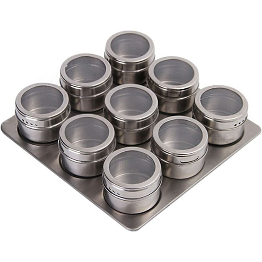 9 Pack Magnetic Spice Jars, Round Stainless Steel Spice Canisters Seasoning Reservoir with Adjustable Holes, for BBQ Kitchen, Salt, Pepper, Herbs