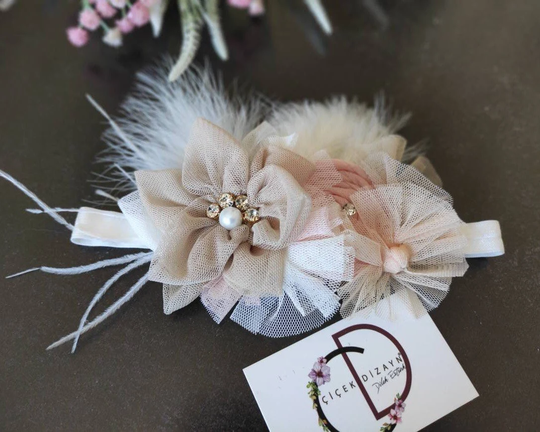 Powder Color Baby Headband, Feather Baptism Hair Bow, Girl Fancy Birthday Headpiece, Christening Crown Hairpiece, Tulle Headbow, Dusty Pink