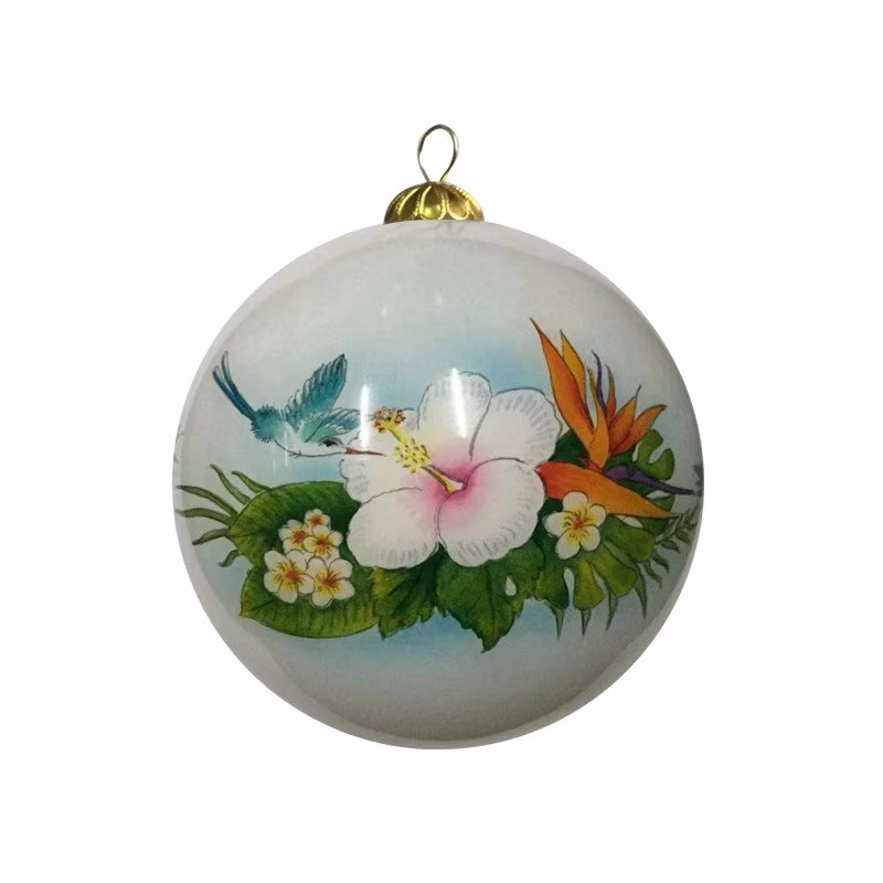 Hand Painted Hawaiian Hibiscus Plumeria Bird Of Paradise Flower Bouquet Hummingbird Design Christmas Tree Decoration House Accent Ornament